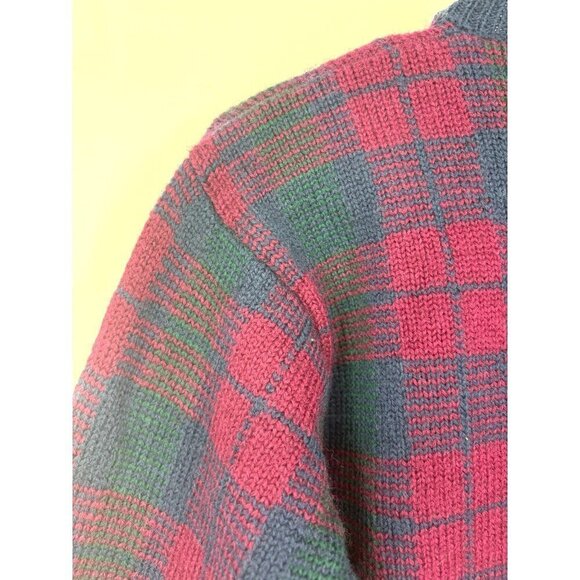 Vintage Jos A Bank Plaid Wool Cardigan Gold Button Red Blue Medium - Picture 5 of 5